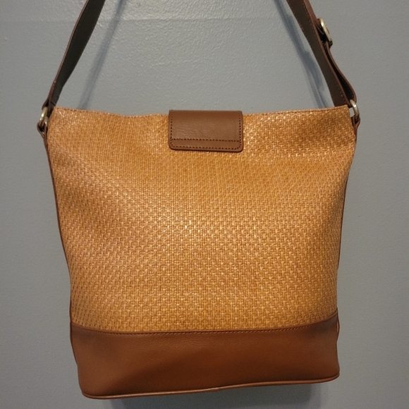 Talbots Woven Leather Shoulder Brown Bag Purse Boho Raffia - Picture 4 of 15